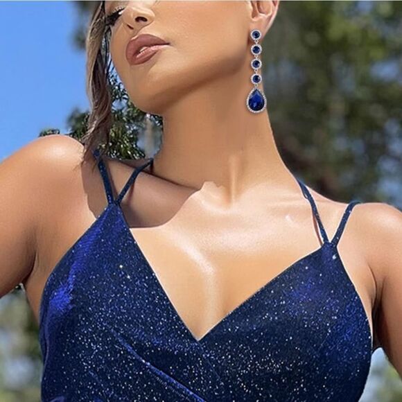 Silver with Sapphire Blue Diamond Austrian Crystal Teardrop Chandelier Earrings - Picture 5 of 6